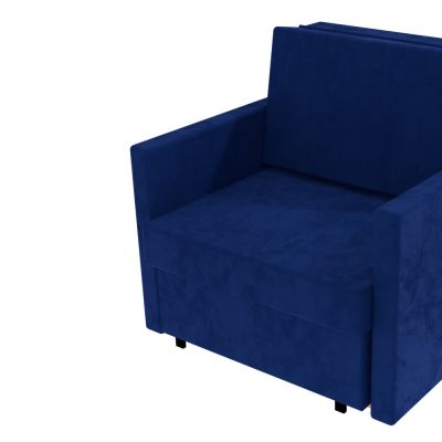 Modré čalúnené rozkladacie kreslo s podpierkami rúk